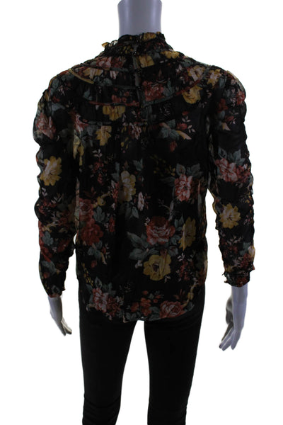 Veronica Beard Womens Floral Print Long Sleeve Pullover Blouse Top Brown Size 4