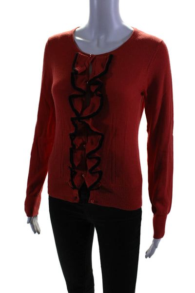 Milly Womens Knit Ruffle Trim Long Sleeve Button Up Cardigan Sweater Red Size S