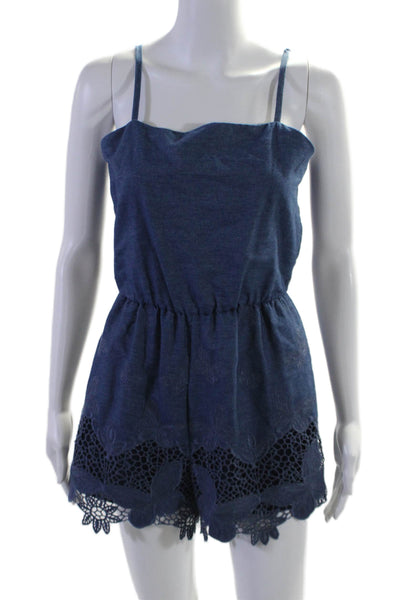 Alice + Olivia Womens Cotton Strapless Drawstring Lace Denim Romper Blue Size 4