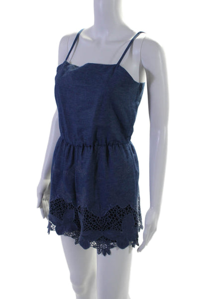 Alice + Olivia Womens Cotton Strapless Drawstring Lace Denim Romper Blue Size 4