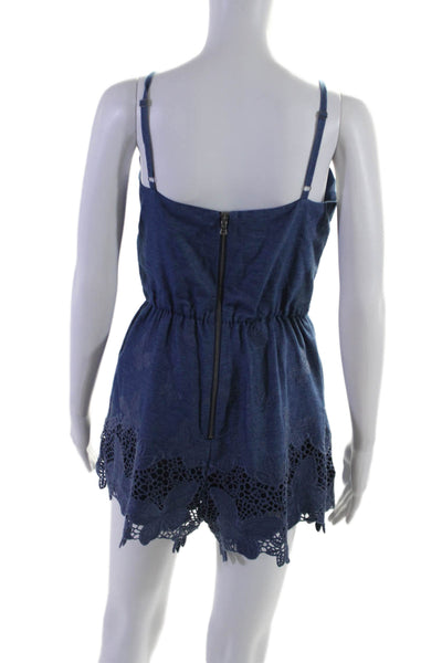 Alice + Olivia Womens Cotton Strapless Drawstring Lace Denim Romper Blue Size 4