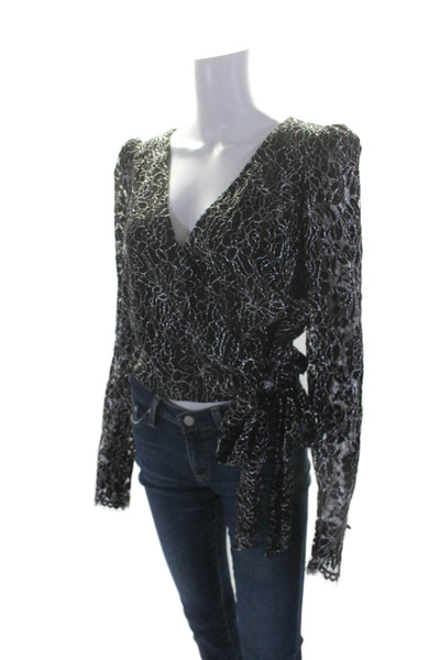 Rachel Zoe Womens Lace Long Sleeves V Neck Wrap Blouse Black Silver Size 12