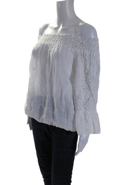 Temptation Positano Womens White Linen Crew Neck 3/4 Sleeve Blouse Top Size M