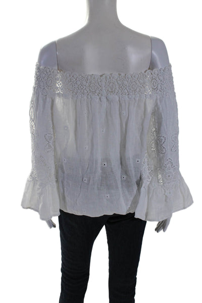 Temptation Positano Womens White Linen Crew Neck 3/4 Sleeve Blouse Top Size M