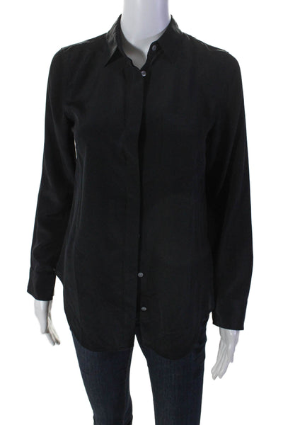 J Crew Silk Collar Button Up Long Sleeve Sleek Dress Blouse Black Size 0