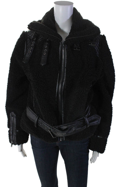 DH Womens Sherpa Fuzzy Textured Zip Collar Belted Jacket Black Size M