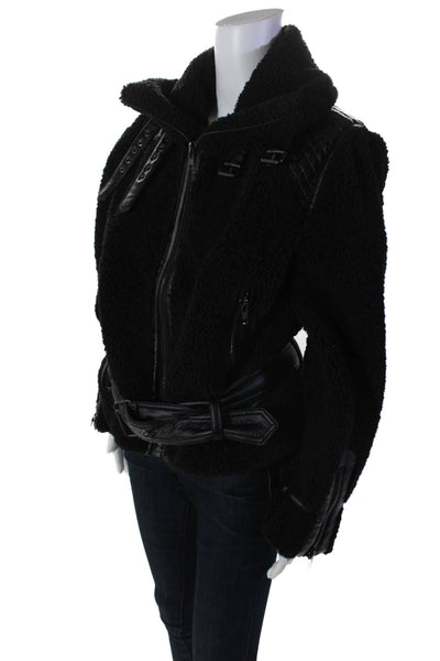 DH Womens Sherpa Fuzzy Textured Zip Collar Belted Jacket Black Size M