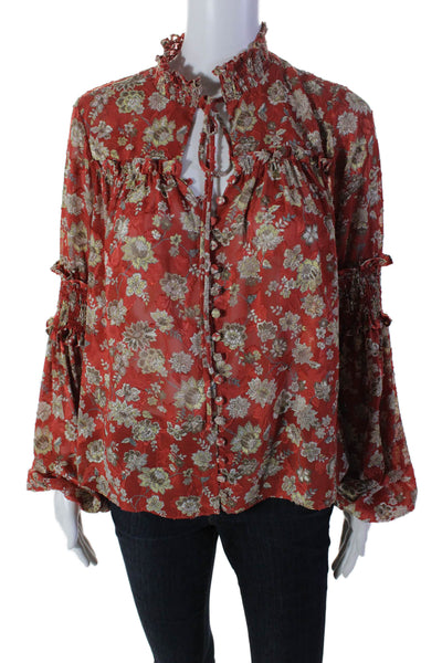 Alexis Womens Floral Smocked Long Sleeve Button Down V Neck Blouse Red Size S