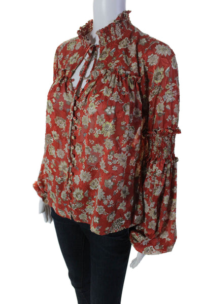 Alexis Womens Floral Smocked Long Sleeve Button Down V Neck Blouse Red Size S