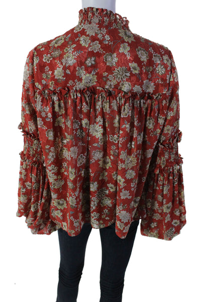 Alexis Womens Floral Smocked Long Sleeve Button Down V Neck Blouse Red Size S