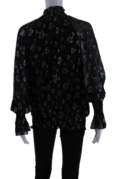 Ramy Brook Women's High Neck Long Sleeves Smocked Blouse Black Size M