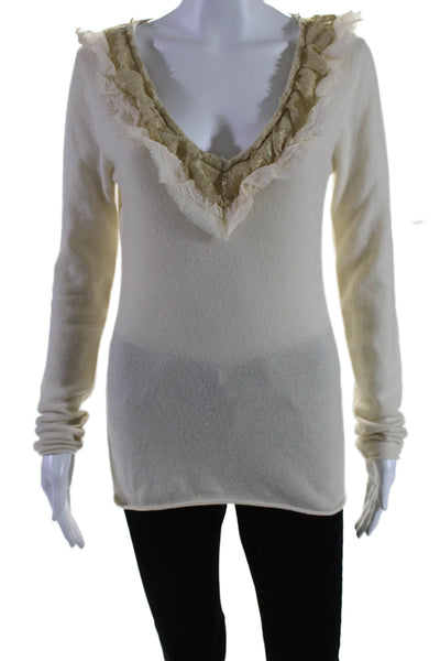 A Scension Women's V-Neck Lace Trim Long Sleeves Cashmere Sweater Beige Size M