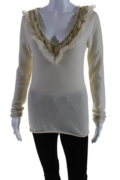 A Scension Women's V-Neck Lace Trim Long Sleeves Cashmere Sweater Beige Size M