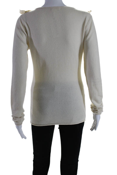 A Scension Women's V-Neck Lace Trim Long Sleeves Cashmere Sweater Beige Size M