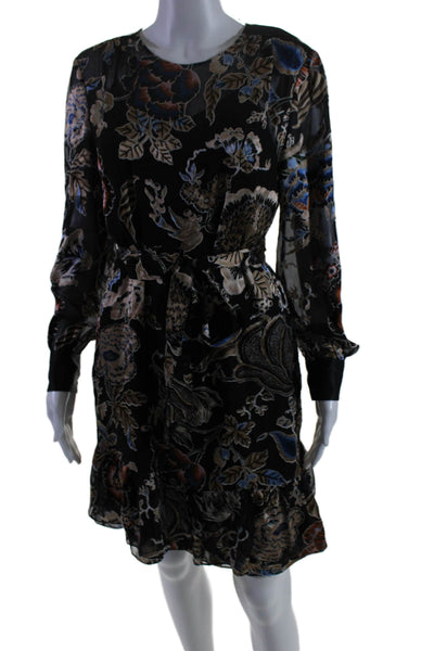 Tory Burch Womens Silk Long Sleeve Floral Ruffle Hem Shift Dress Black Size 4