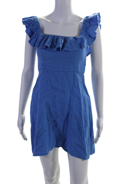 Honorine Womens Linen Blue Ruffle Off Shoulder Zip Back Shift Dress Size XS