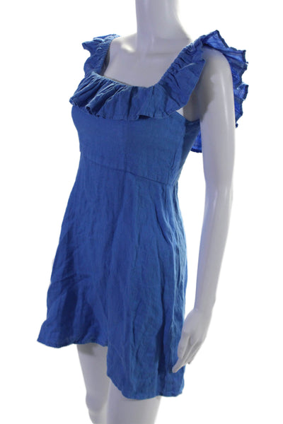 Honorine Womens Linen Blue Ruffle Off Shoulder Zip Back Shift Dress Size XS