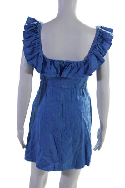 Honorine Womens Linen Blue Ruffle Off Shoulder Zip Back Shift Dress Size XS