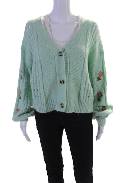 Summer Land Womens Green Floral Cable Knit V-neck Cardigan Sweater Top Size M