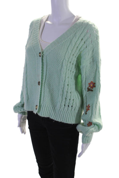 Summer Land Womens Green Floral Cable Knit V-neck Cardigan Sweater Top Size M