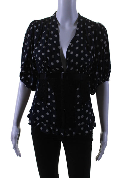 Icons Womens Hook Front Short Sleeve V Neck Polka Dot Top Navy White Size XS