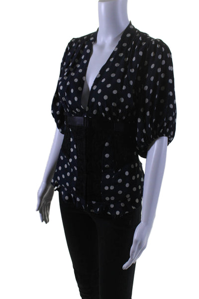 Icons Womens Hook Front Short Sleeve V Neck Polka Dot Top Navy White Size XS