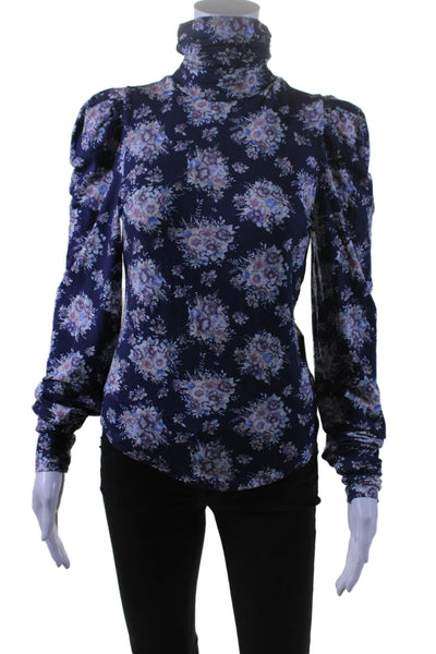 Love Shack Fancy Womens Long Sleeve Turtleneck Floral Shirt Blue Size Small