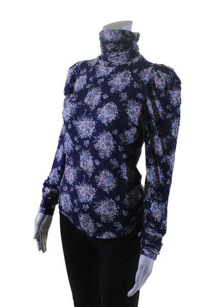 Love Shack Fancy Womens Long Sleeve Turtleneck Floral Shirt Blue Size Small