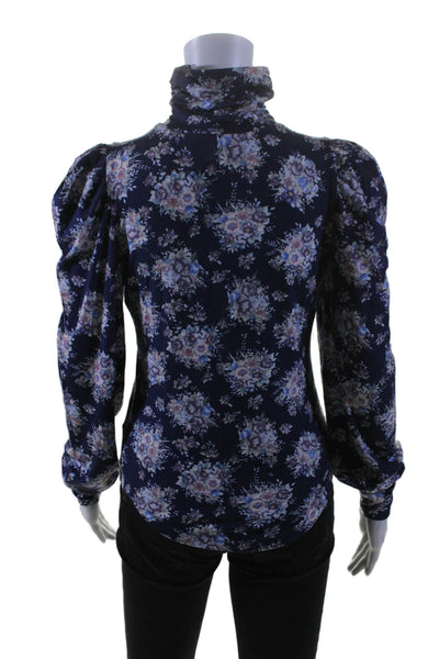 Love Shack Fancy Womens Long Sleeve Turtleneck Floral Shirt Blue Size Small