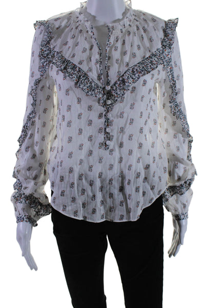 Veronica Beard Womens Cotton Long Sleeve V Neck Floral Blouse White Size 4