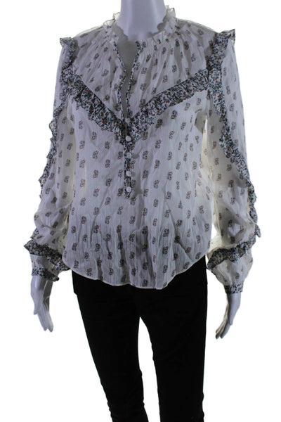 Veronica Beard Womens Cotton Long Sleeve V Neck Floral Blouse White Size 4