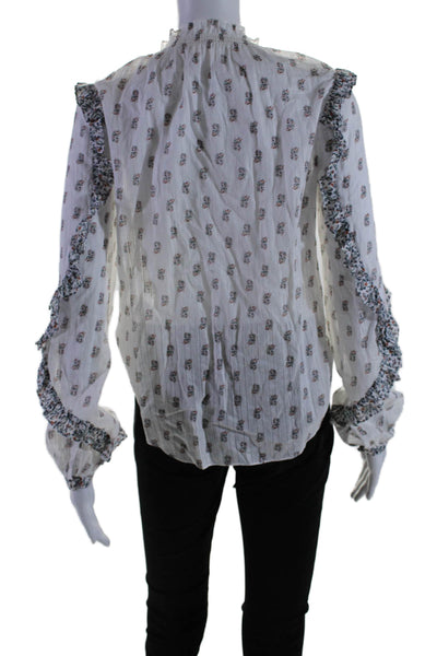 Veronica Beard Womens Cotton Long Sleeve V Neck Floral Blouse White Size 4