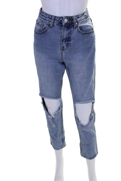 UNIF Womens Zip Up High Rise Ripped Slim Leg Jeans Blue Cotton Size 28