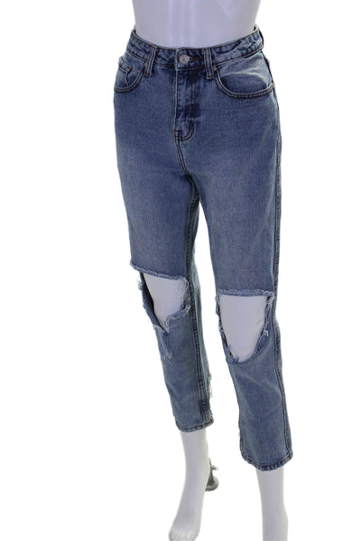 UNIF Womens Zip Up High Rise Ripped Slim Leg Jeans Blue Cotton Size 28