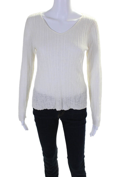 Eileen Fisher Womens Ribbed Long Sleeved V Neck Casual Knitted Top White Size XS