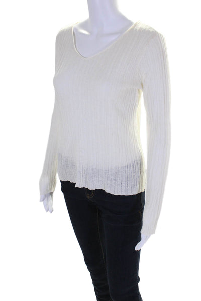 Eileen Fisher Womens Ribbed Long Sleeved V Neck Casual Knitted Top White Size XS