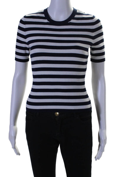 Michael Kors Collection Womens Ribbed Striped Crew Neck Shirt White Navy Large