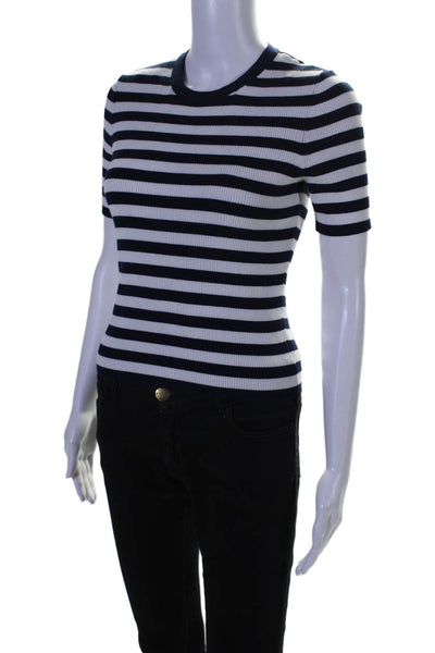 Michael Kors Collection Womens Ribbed Striped Crew Neck Shirt White Navy Large