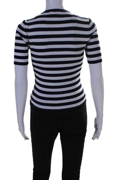 Michael Kors Collection Womens Ribbed Striped Crew Neck Shirt White Navy Large