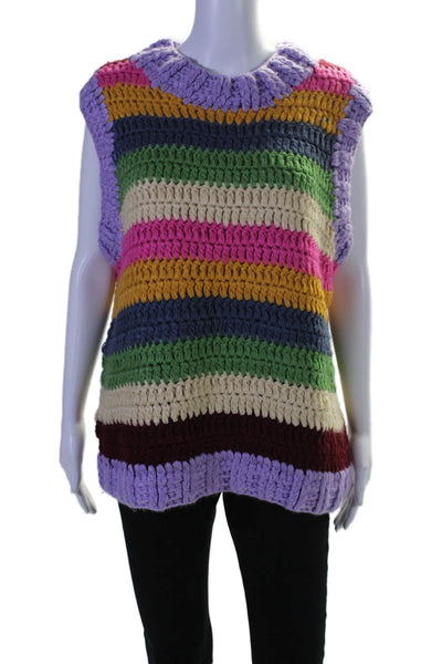 Farm Rio Womens Round Neck Crochet Knit Striped Sweater Vest Multicolored Large