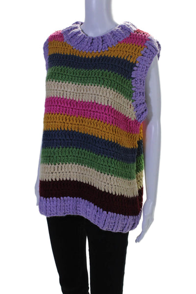 Farm Rio Womens Round Neck Crochet Knit Striped Sweater Vest Multicolored Large