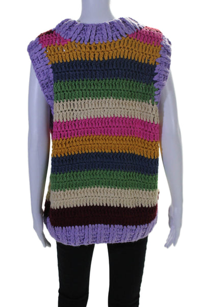 Farm Rio Womens Round Neck Crochet Knit Striped Sweater Vest Multicolored Large