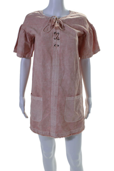 Ulla Johnson Womens Linen Blend Lace Up Neck Short Sleeves Dress Pink Size 0