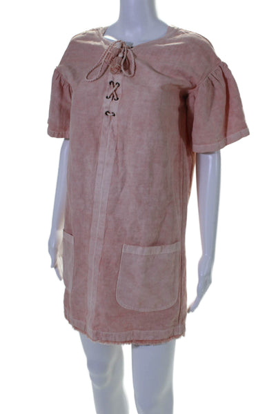 Ulla Johnson Womens Linen Blend Lace Up Neck Short Sleeves Dress Pink Size 0