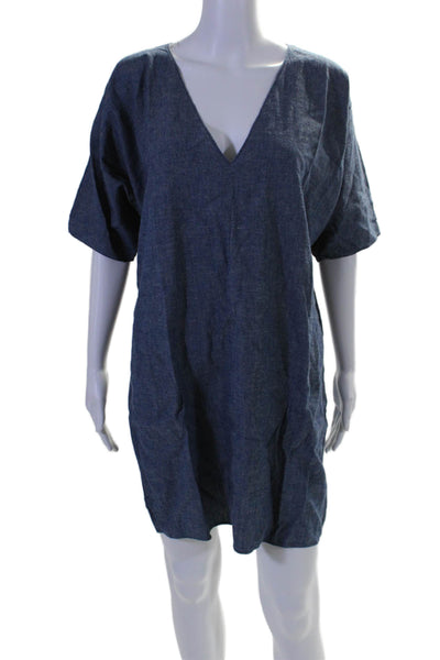 Rachel Craven Womens Linen V Neck Short Sleeves Shirt Dress Blue Size Medium