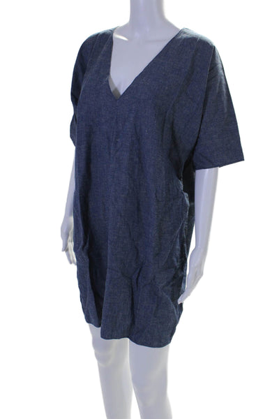 Rachel Craven Womens Linen V Neck Short Sleeves Shirt Dress Blue Size Medium