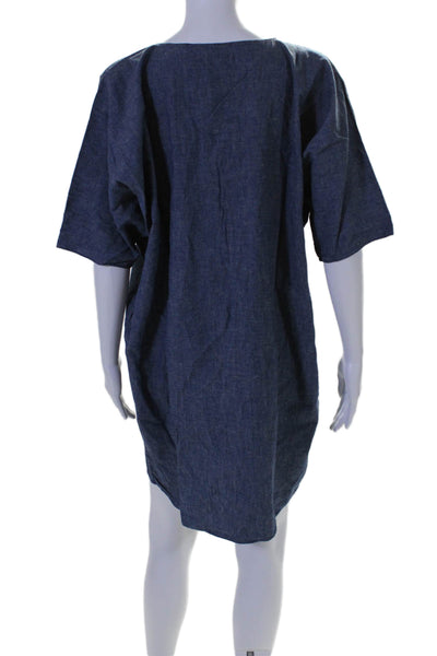 Rachel Craven Womens Linen V Neck Short Sleeves Shirt Dress Blue Size Medium