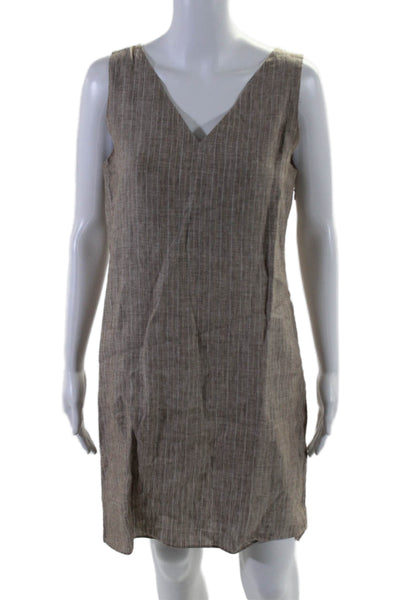 Theory Womens Linen Striped V Neck Sleeveless Side Zipped Dress Brown Size 4