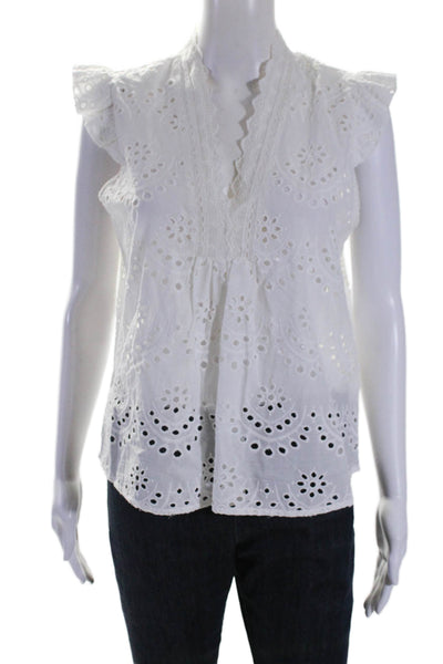 Bell Womens Cotton White Eyelet V-neck Flutter Sleeve Blouse Top Size L