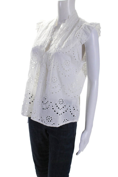 Bell Womens Cotton White Eyelet V-neck Flutter Sleeve Blouse Top Size L